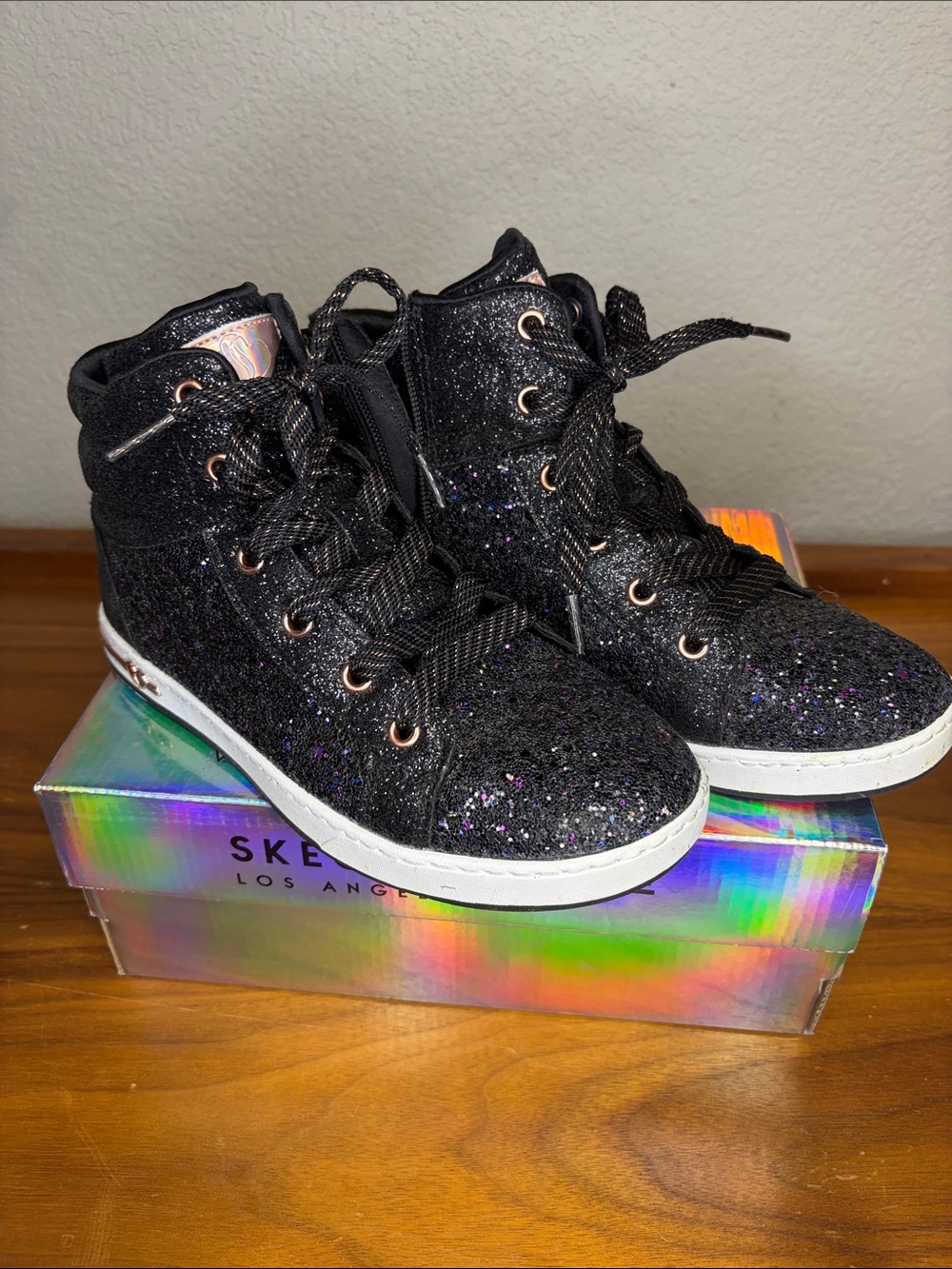 Skechers Kids Black Glitter High-Top Sneakers with Rose Gold Eyelets